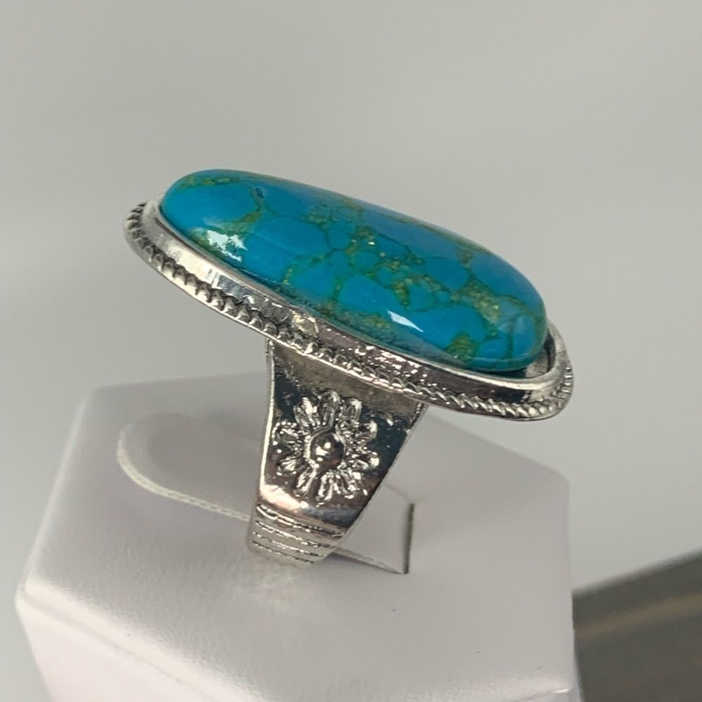 🌞925 Sterling Tibetan Silver Marquis cut Created Turquoise Cabochon Stone Ring - Picture 3 of 16